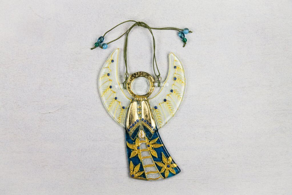 Guardian Angel Glass Wall Art in Blue & Gold - Handmade Fused-Glass Decor with Vibrant Colors and Intricate Patterns