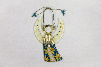 Guardian Angel Glass Wall Art in Blue & Gold - Handmade Fused-Glass Decor with Vibrant Colors and Intricate Patterns