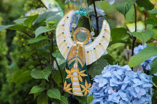 Guardian Angel Glass Wall Art in Blue & Gold - Handmade Fused-Glass Decor with Vibrant Colors and Intricate Patterns