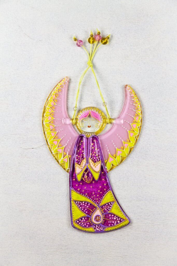Guardian Angel Glass Wall Art in Purple & Pink - Handmade Fused-Glass Decor with Vibrant Colors and Intricate Patterns