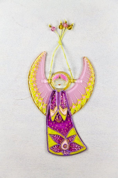 Guardian Angel Glass Wall Art in Purple & Pink - Handmade Fused-Glass Decor with Vibrant Colors and Intricate Patterns