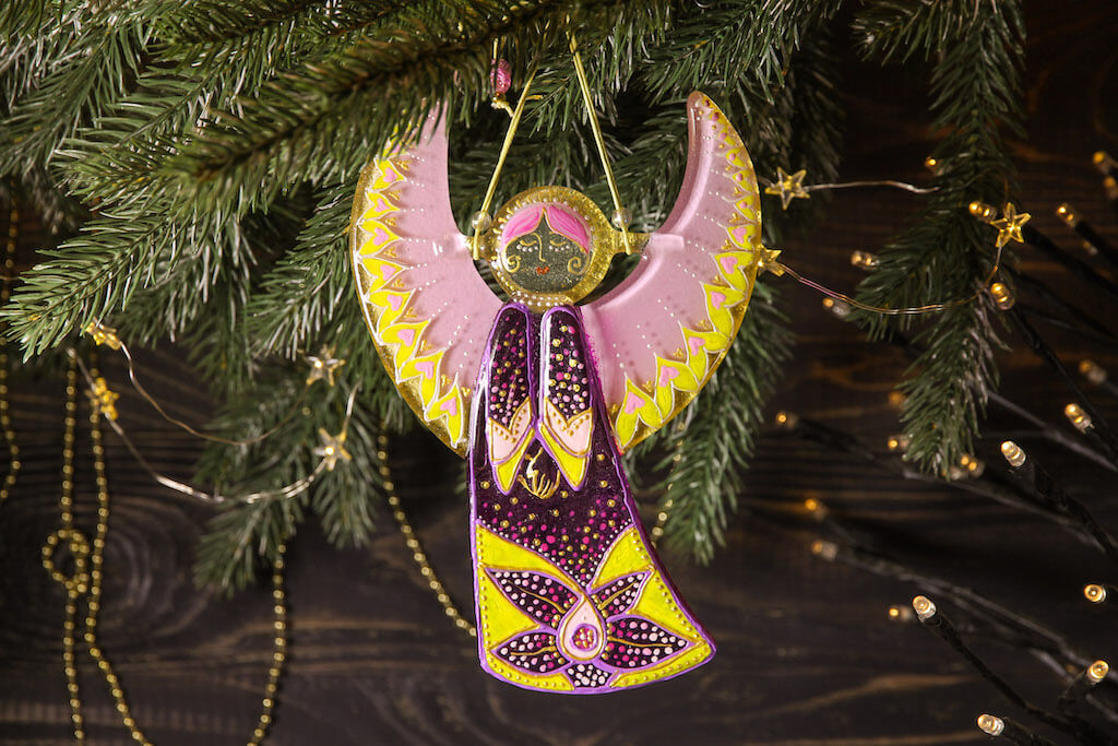 Guardian Angel Glass Wall Art in Purple & Pink - Handmade Fused-Glass Decor with Vibrant Colors and Intricate Patterns