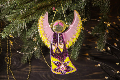 Guardian Angel Glass Wall Art in Purple & Pink - Handmade Fused-Glass Decor with Vibrant Colors and Intricate Patterns