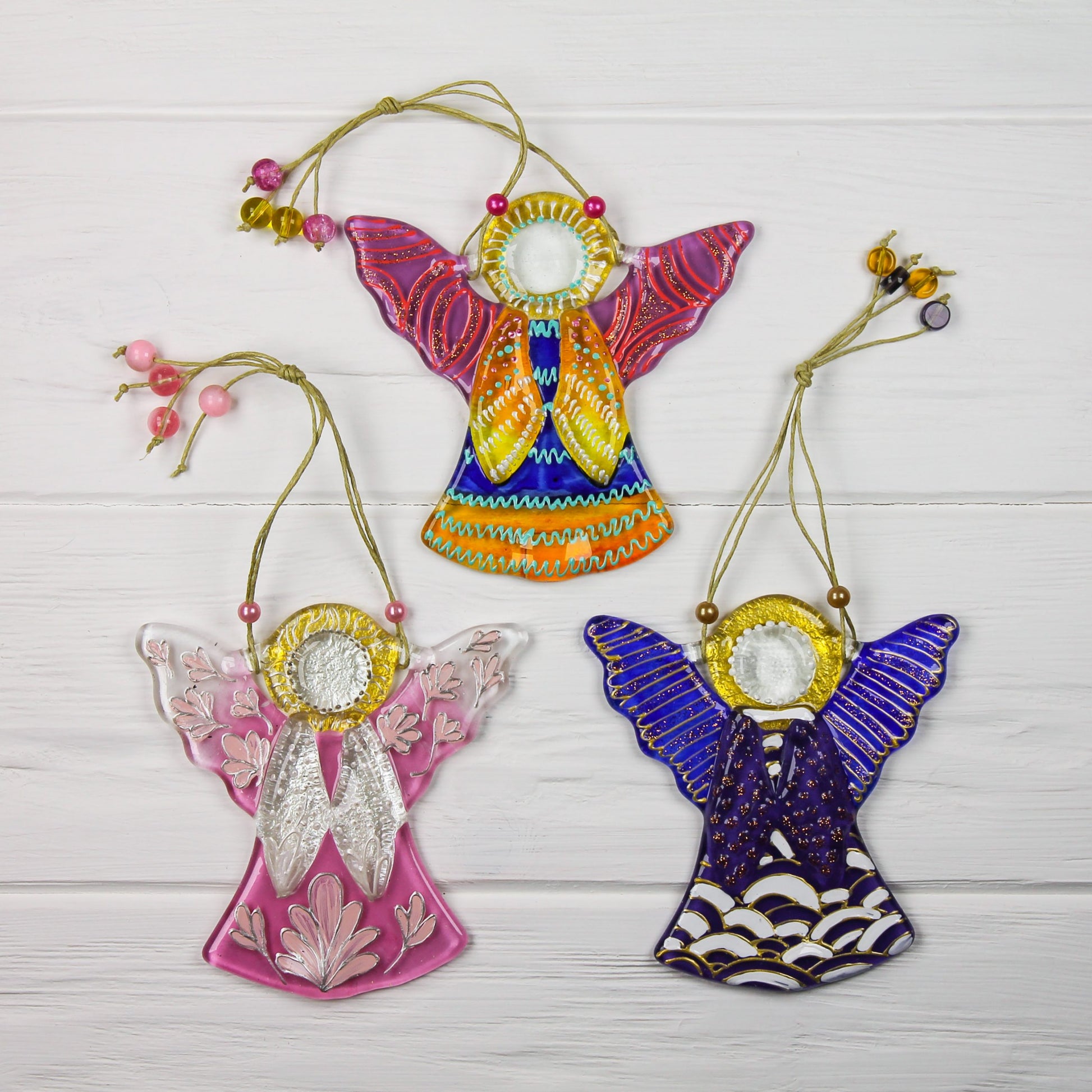 Guardian Angel Glass Wall Art in Purple & Gold - Handmade Fused-Glass Decor with Vibrant Colors and Intricate Patterns