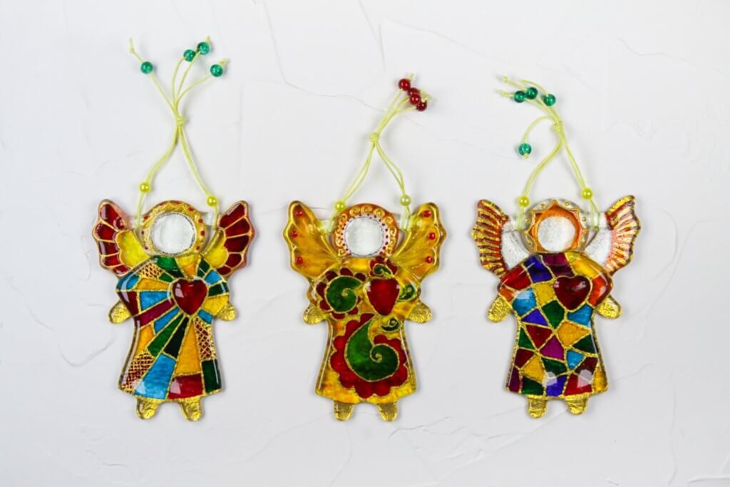 Guardian Angel of Love with Red Heart Glass Wall Art Suncatcher in Multicolored Mosaic - Handmade Fused-Glass Decor with Vibrant Colors and Intricate Patterns