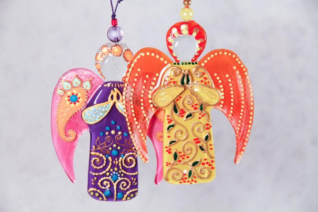 Guardian Angel Glass Wall Art in Purple & Pink - Handmade Fused-Glass Decor with Vibrant Colors and Intricate Patterns