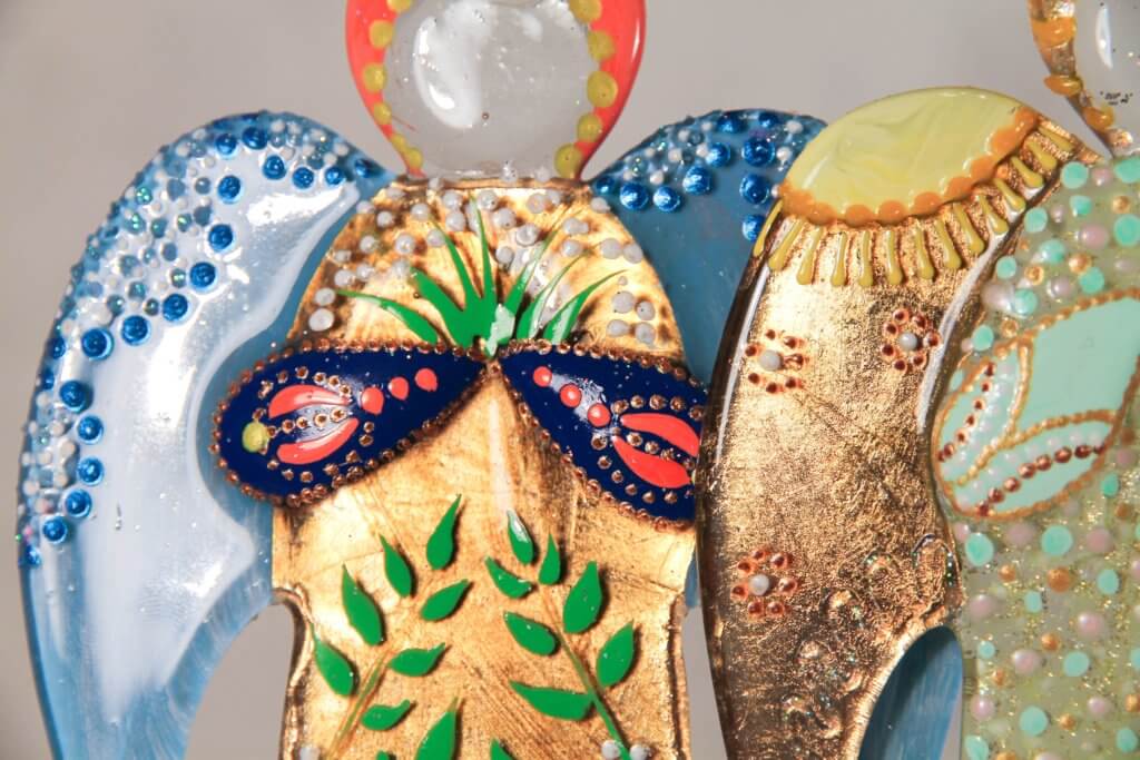 Guardian Angel Glass Wall Art in Gold & Blue - Handmade Fused-Glass Decor with Vibrant Colors and Intricate Patterns