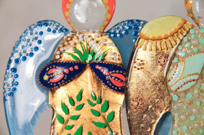 Guardian Angel Glass Wall Art in Gold & Blue - Handmade Fused-Glass Decor with Vibrant Colors and Intricate Patterns