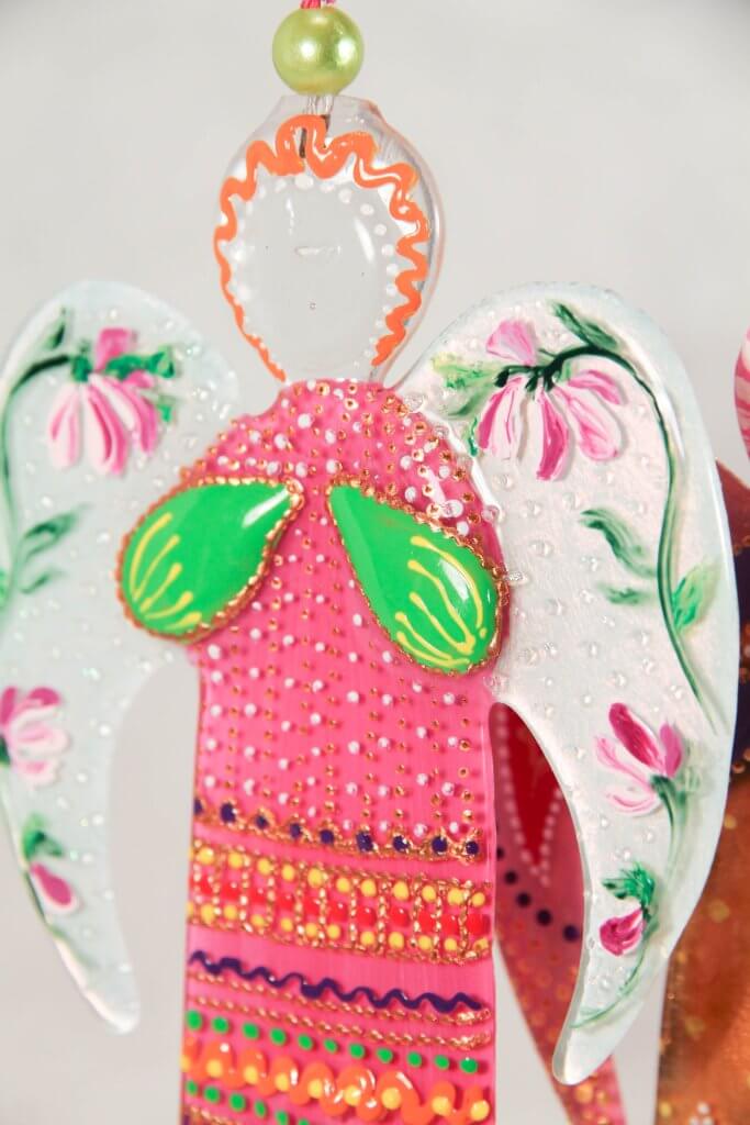 Guardian Angel Glass Wall Art in Pink & White - Handmade Fused-Glass Decor with Vibrant Colors and Intricate Patterns