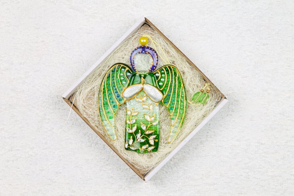 Guardian Angel Glass Wall Art Handmade, Clear & Green, 12 cm