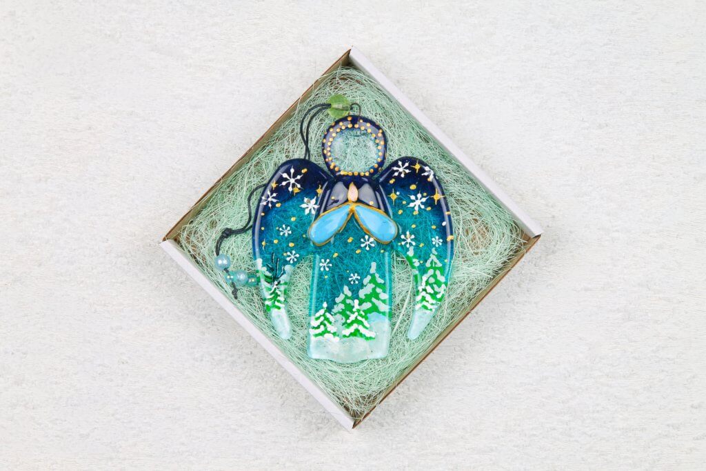 Guardian Angel Glass Wall Art in Blue & Green - Handmade Fused-Glass Decor with Vibrant Colors and Intricate Patterns