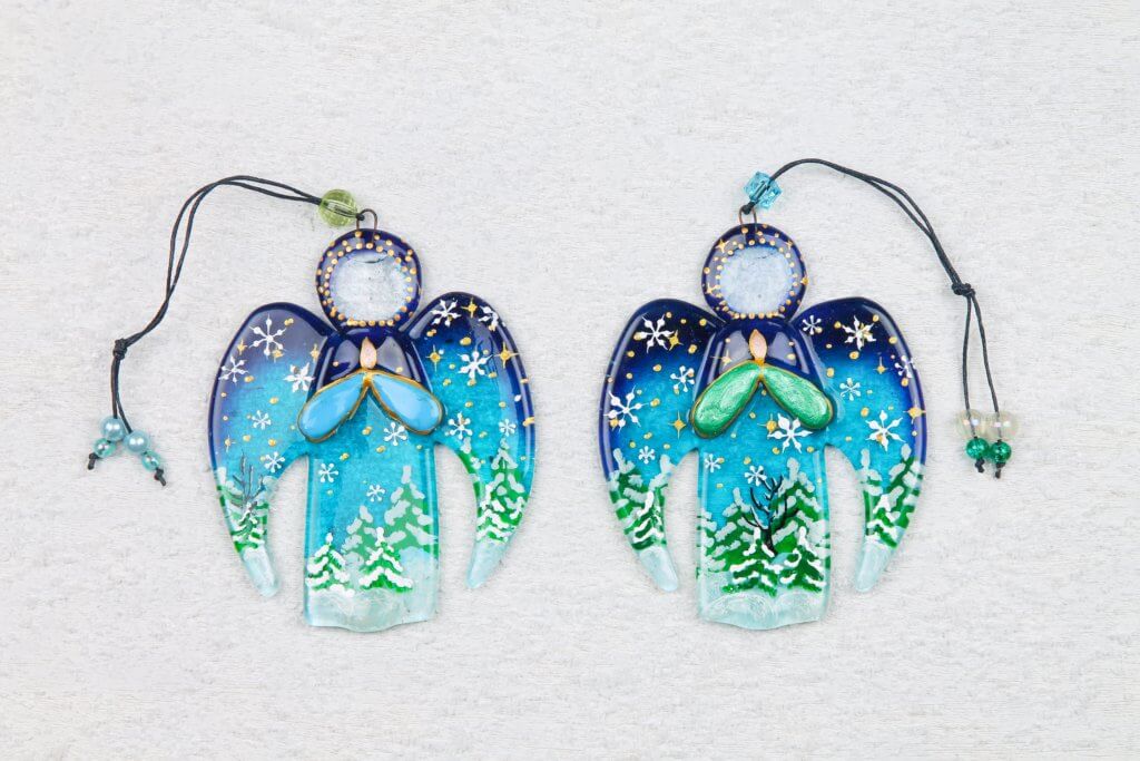 Guardian Angel Glass Wall Art - Handmade Decoration, Blue & Green, 12 cm
