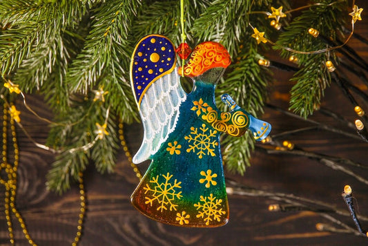 Guardian Angel Glass Wall Art in Light Blue & Orange - Handmade Fused-Glass Decor with Vibrant Colors and Intricate Patterns