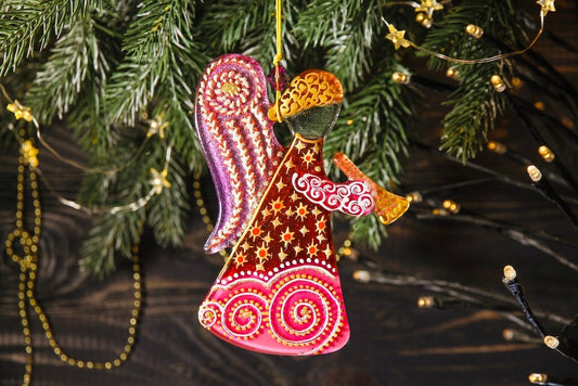 Guardian Angel Glass Wall Art in Red & Pink - Handmade Fused-Glass Decor with Vibrant Colors and Intricate Patterns