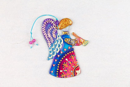 Guardian Angel Glass Wall Art in Blue & Pink - Handmade Fused-Glass Decor with Vibrant Colors and Intricate Patterns