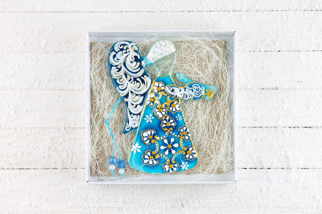 Guardian Angel Glass Wall Art in Blue & White - Handmade Fused-Glass Decor with Vibrant Colors and Intricate Patterns