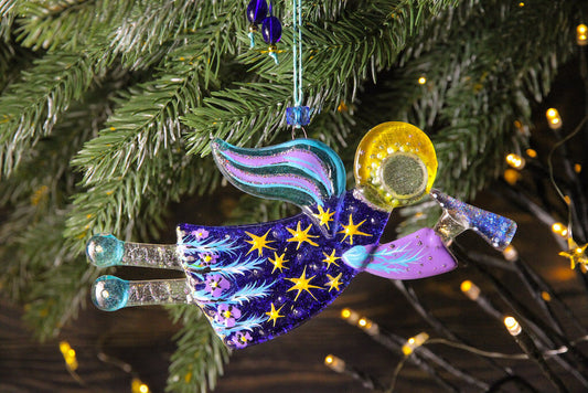 Guardian Angel Glass Wall Art in Blue & Purple - Handmade Fused-Glass Decor with Vibrant Colors and Intricate Patterns
