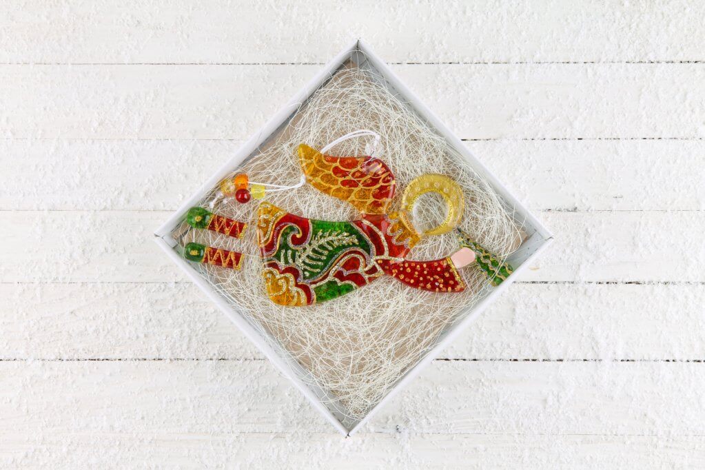 Flying Guardian Angel Glass Wall Art Suncatcher, Green & Red - Handmade Fused-Glass Decor with Vibrant Colors and Intricate Patterns
