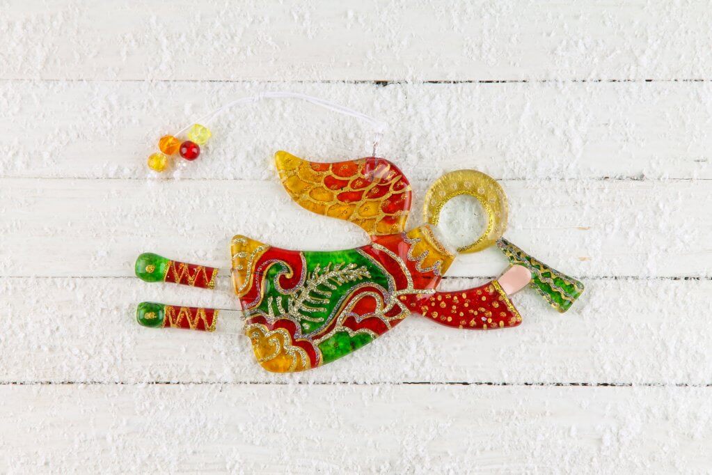 Flying Guardian Angel Glass Wall Art Suncatcher, Green & Red - Handmade Fused-Glass Decor with Vibrant Colors and Intricate Patterns