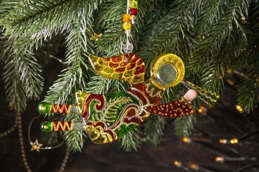 Flying Guardian Angel Glass Wall Art Suncatcher, Green & Red - Handmade Fused-Glass Decor with Intricate Patterns