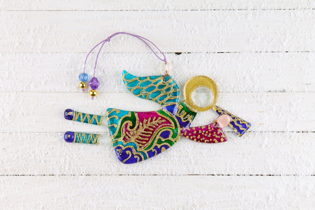 Flying Guardian Angel Glass Wall Art Suncatcher, Purple & Blue - Handmade Fused-Glass Decor with Vibrant Colors and Intricate Patterns