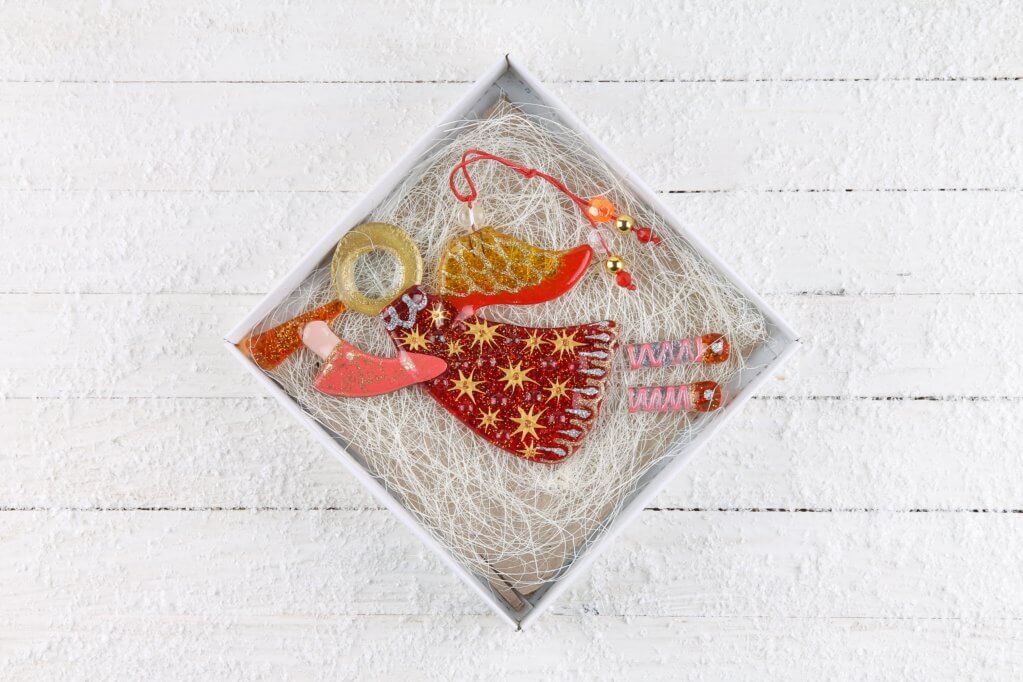 Flying Guardian Angel Glass Wall Art in Red & Yellow - Handmade Fused-Glass Decor with Vibrant Colors and Intricate Patterns