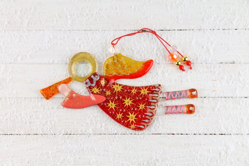 Flying Guardian Angel Glass Wall Art in Red & Yellow - Handmade Fused-Glass Decor with Vibrant Colors and Intricate Patterns