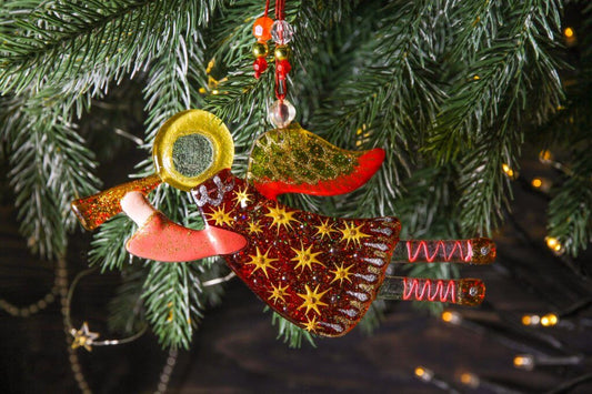 Flying Guardian Angel Glass Wall Art in Red & Yellow - Handmade Fused-Glass Decor with Vibrant Colors and Intricate Patterns