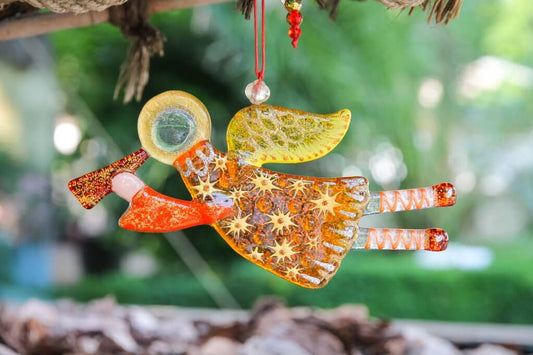 Flying Guardian Angel Glass Wall Art in Orange & Yellow, - Handmade Fused-Glass Decor with Vibrant Colors and Intricate Patterns