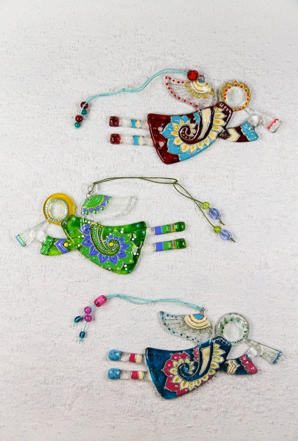 Flying Guardian Angel Glass Wall Art Suncatcher, Green & Blue - Handmade Fused-Glass Decor with Vibrant Colors and Intricate Patterns