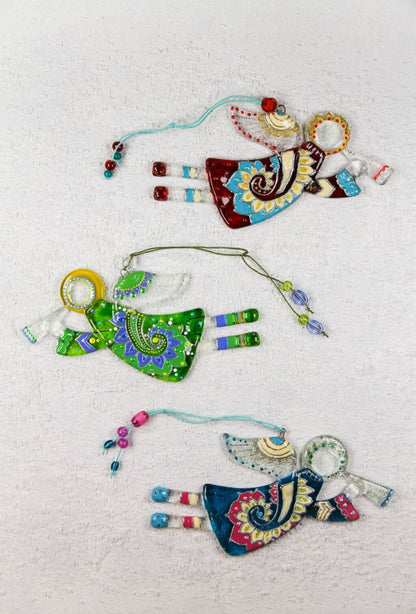Flying Guardian Angel Glass Wall Art Suncatcher, Green & Blue - Handmade Fused-Glass Decor with Vibrant Colors and Intricate Patterns