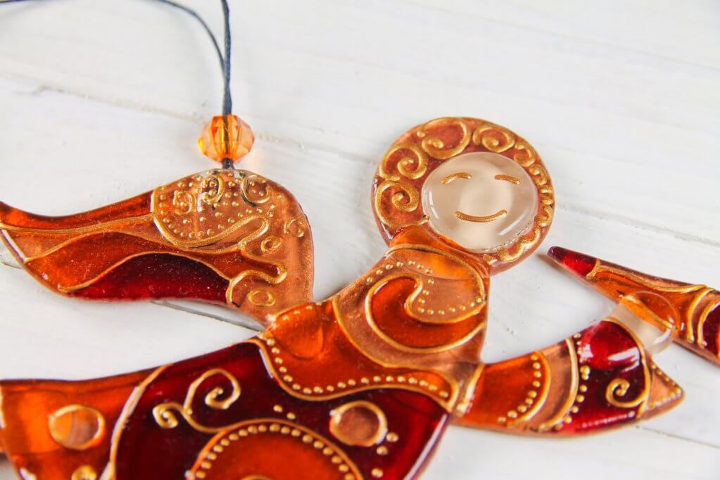 Flying Guardian Angel Glass Wall Art in Brown - Handmade Fused-Glass Decor with Vibrant Colors and Intricate Patterns