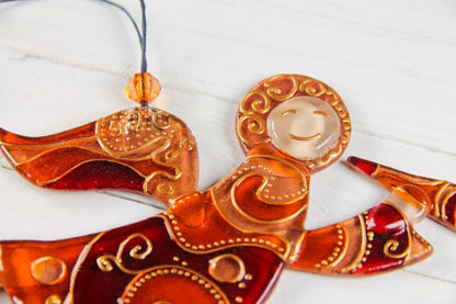 Flying Guardian Angel Glass Wall Art in Brown - Handmade Fused-Glass Decor with Vibrant Colors and Intricate Patterns