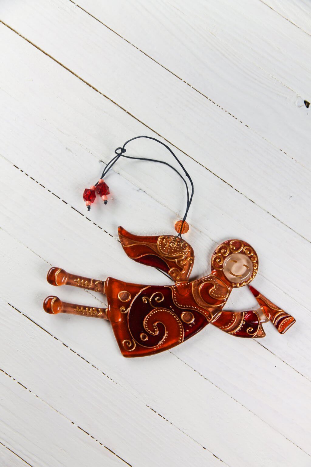 Flying Guardian Angel Glass Wall Art in Brown - Handmade Fused-Glass Decor with Vibrant Colors and Intricate Patterns