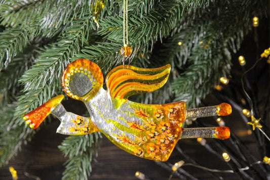 Flying Guardian Angel Glass Wall Art in Suncatcher, Clear & Yellow - Handmade Fused-Glass Decor with Vibrant Colors and Intricate Patterns