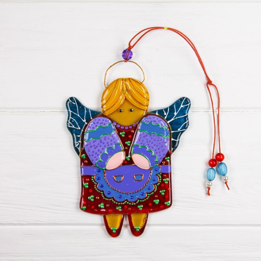 Guardian Angel of Home Glass Wall Art in Red & Purple - Handmade Fused-Glass Decor with Vibrant Colors and Intricate Patterns