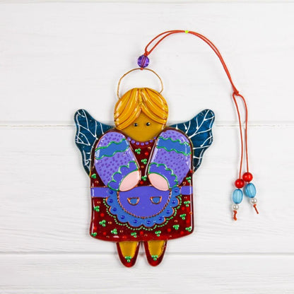 Guardian Angel of Home Glass Wall Art in Red & Purple - Handmade Fused-Glass Decor with Vibrant Colors and Intricate Patterns