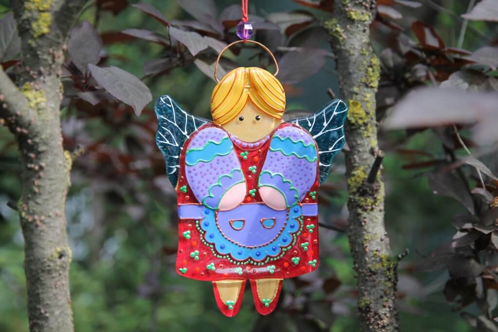 Guardian Angel Glass Wall Art - Handmade, Red & Purple, 15 cm