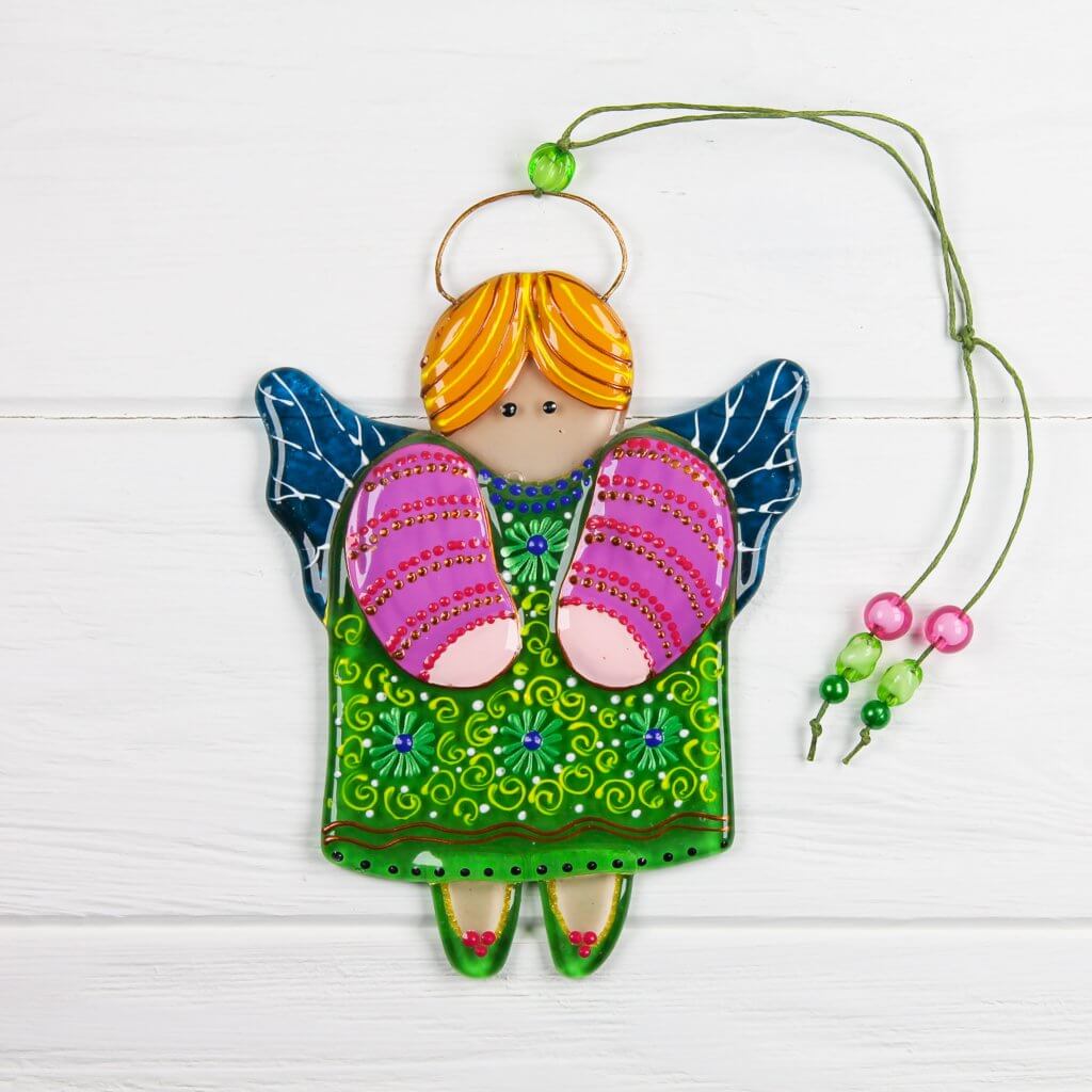 Guardian Angel Glass Wall Art in Green & Pink - Handmade Fused-Glass Decor with Vibrant Colors and Intricate Patterns