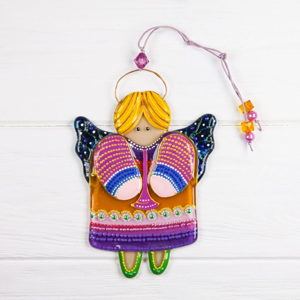 Guardian Angel Glass Wall Art in Orange & Pink - Handmade Fused-Glass Decor with Vibrant Colors and Intricate Patterns