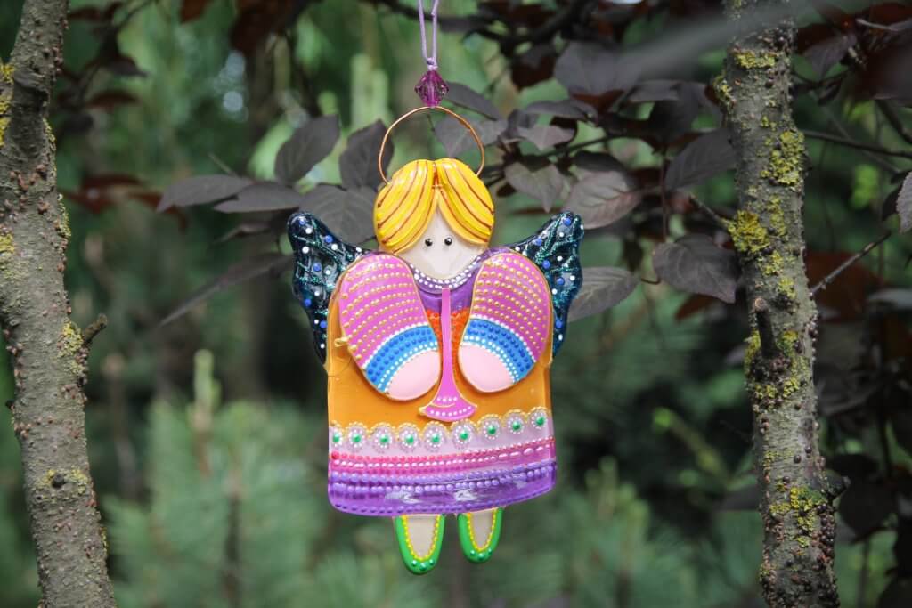 Guardian Angel Glass Wall Art - Handmade, Orange & Pink, 15 cm