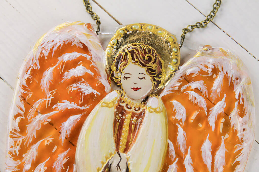 Big Guardian AngelGlass Wall Art in Orange - Handmade Fused-Glass Decor with Vibrant Colors and Intricate Patterns