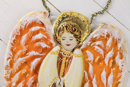 Big Guardian AngelGlass Wall Art in Orange - Handmade Fused-Glass Decor with Vibrant Colors and Intricate Patterns