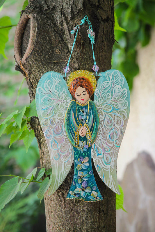 Big Guardian AngelGlass Wall Art in Mint - Handmade Fused-Glass Decor with Vibrant Colors and Intricate Patterns