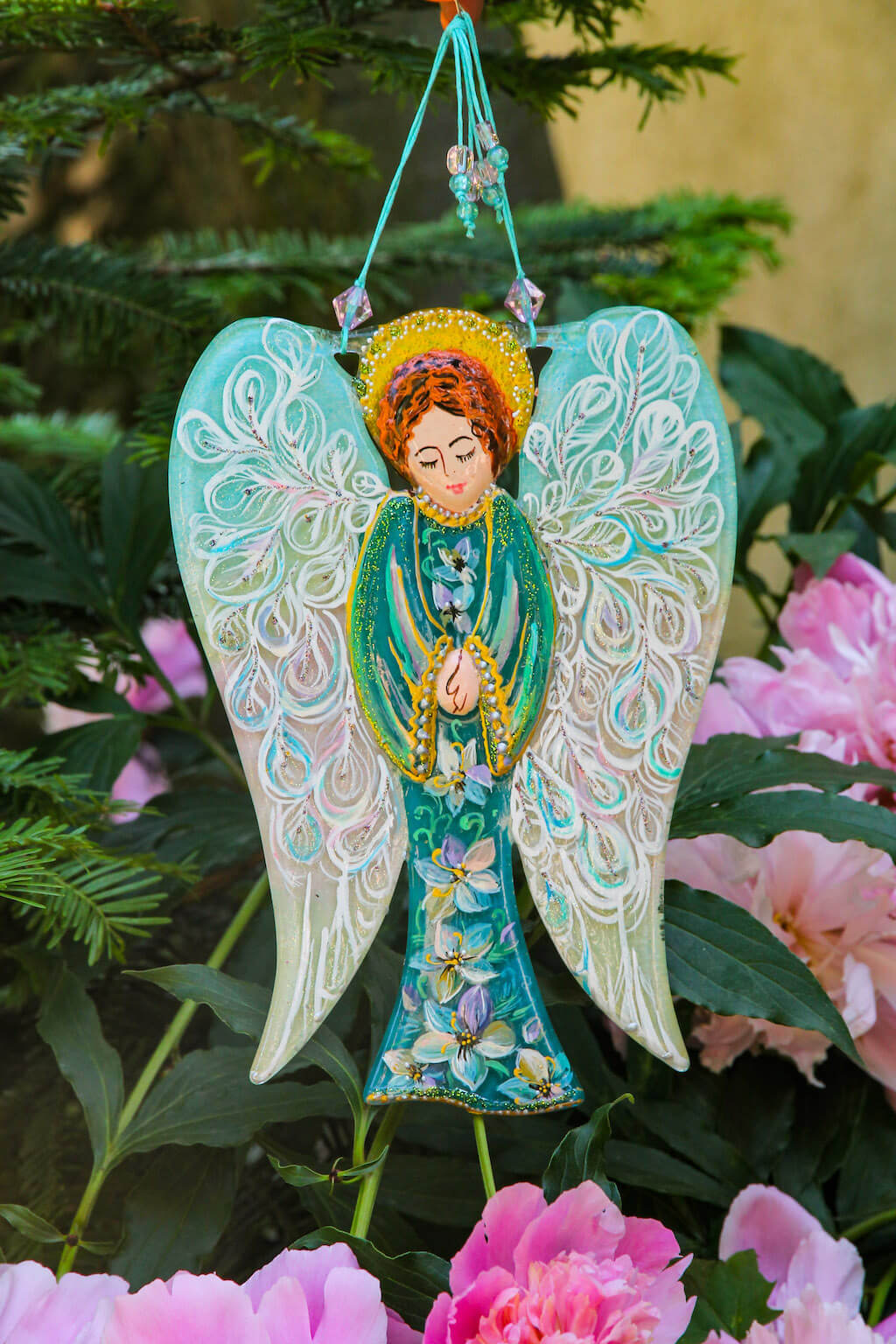 Big Guardian AngelGlass Wall Art in Mint - Handmade Fused-Glass Decor with Vibrant Colors and Intricate Patterns