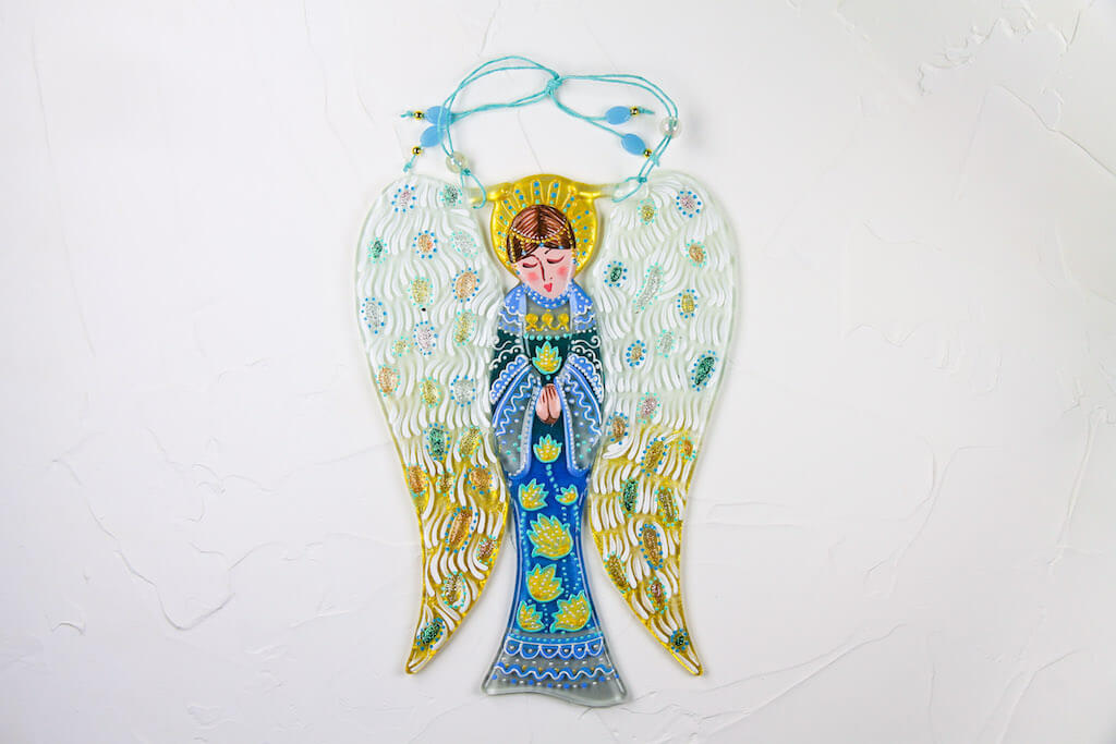 Big Guardian AngelGlass Wall Art in Light Blue - Handmade Fused-Glass Decor with Vibrant Colors and Intricate Patterns