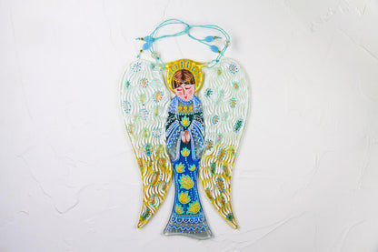 Big Guardian AngelGlass Wall Art in Light Blue - Handmade Fused-Glass Decor with Vibrant Colors and Intricate Patterns