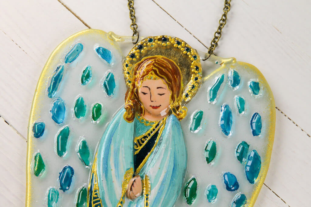 Big Guardian AngelGlass Wall Art in Clear & Blue - Handmade Fused-Glass Decor with Vibrant Colors and Intricate Patterns