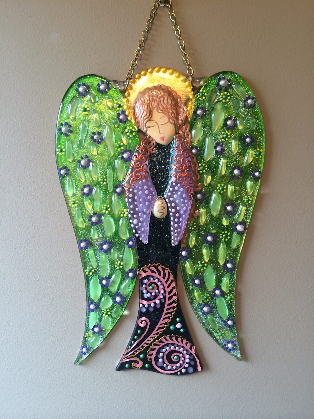 Big Guardian AngelGlass Wall Art in Green & Purple - Handmade Fused-Glass Decor with Vibrant Colors and Intricate Patterns