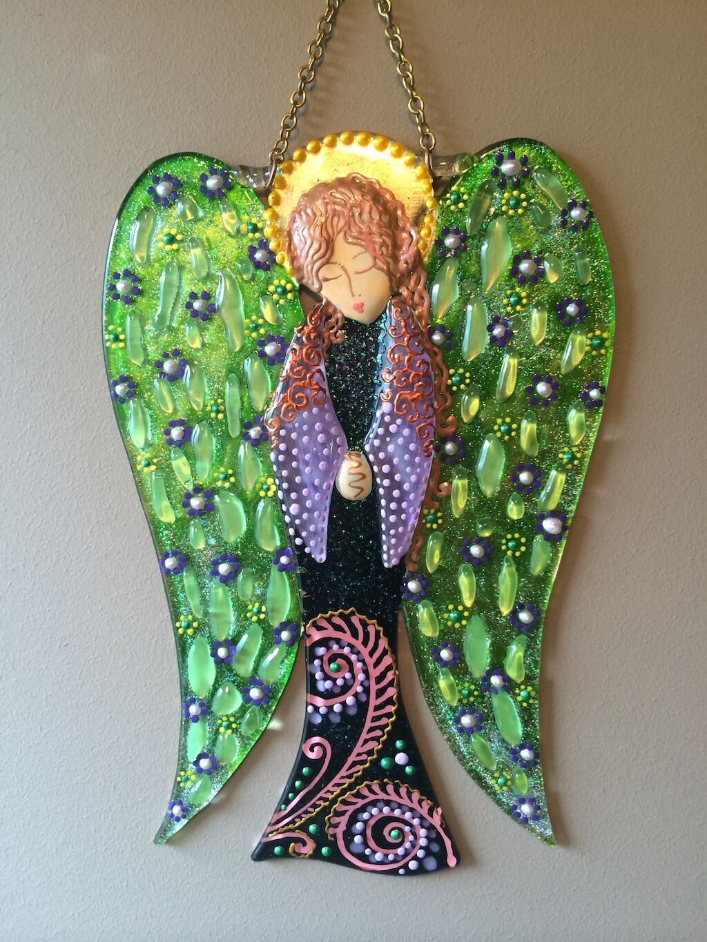 Big Guardian AngelGlass Wall Art in Green & Purple - Handmade Fused-Glass Decor with Vibrant Colors and Intricate Patterns